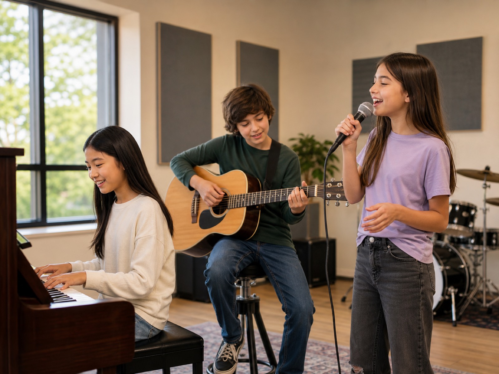 Drei Jugendliche musizieren gemeinsam an der Musikschule München: Mädchen am Klavier, Junge an der Gitarre, Mädchen singt ins Mikrofon